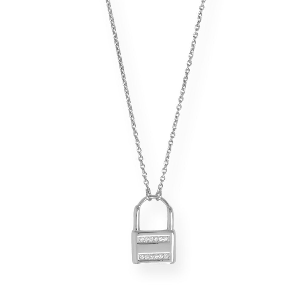 16" + 2" Rhodium Plated CZ Lock Necklace