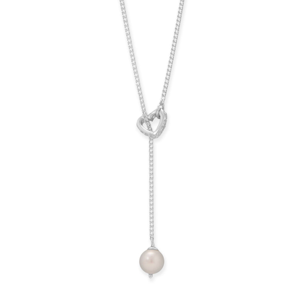 16" + 2" Cultured Freshwater Pearl and CZ Heart Lariat Necklace
