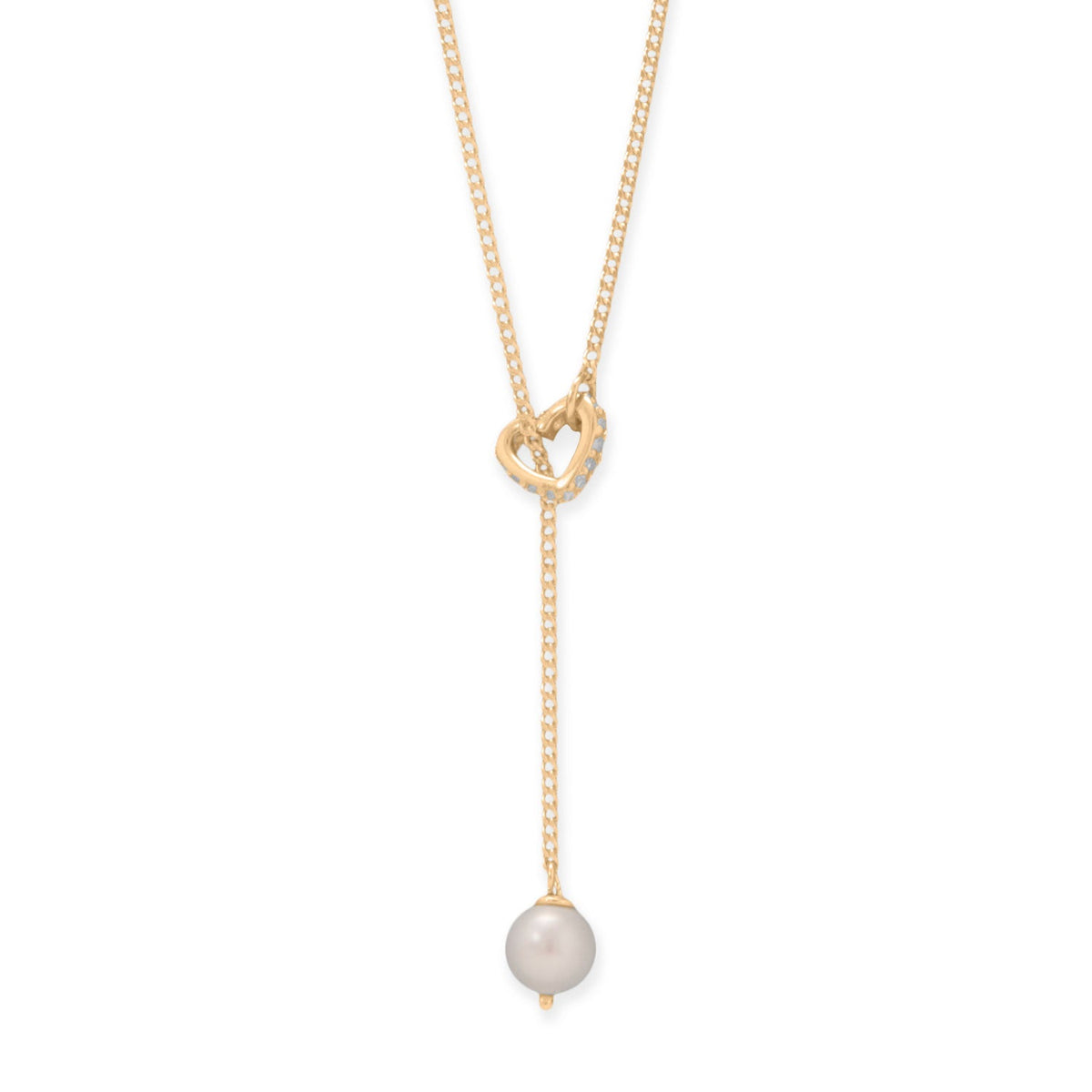 16" + 2" 14 Karat Gold Plated Cultured Freshwater Pearl and CZ Heart Lariat Necklace