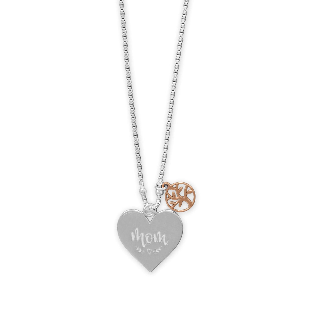 16" + 2" "Mom" Heart and Family Tree Charm Necklace