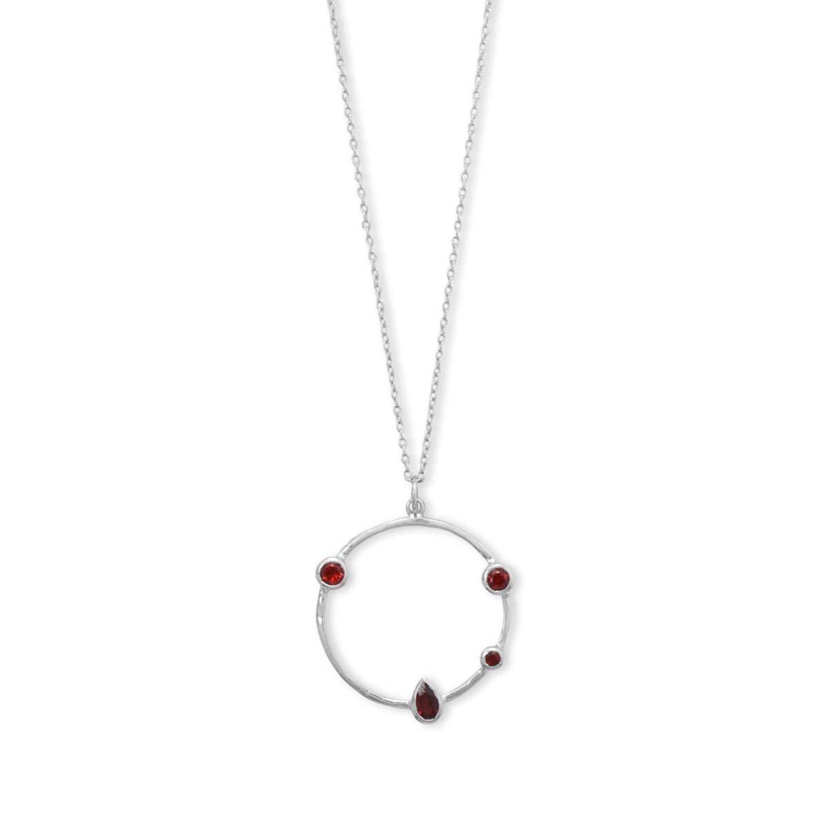 16" + 2" Rhodium Plated Garnet and Hammered Circle Necklace