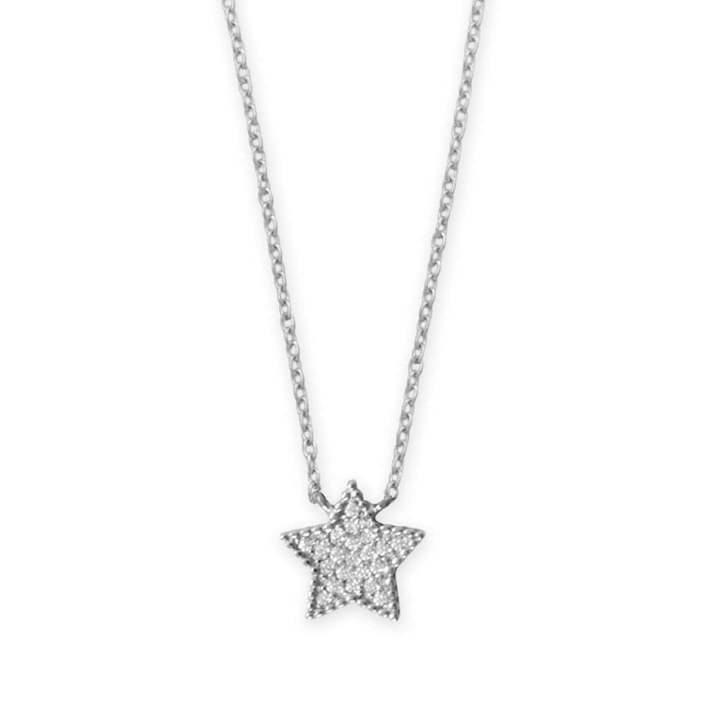16" + 2" Rhodium Plated Pave CZ Star Necklace