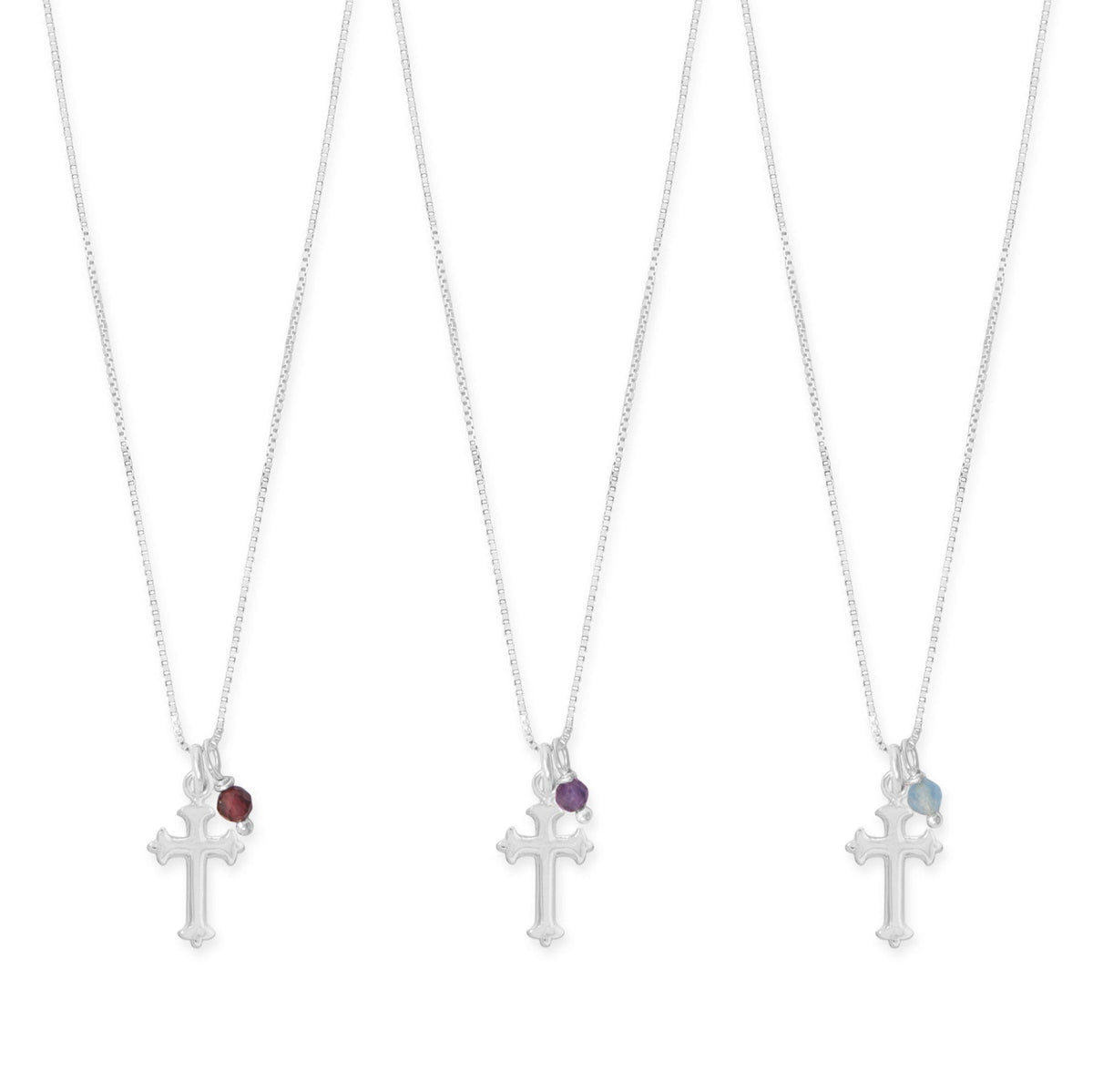 16" Birthstone and Ornate Cross Charm Necklace (All Months)