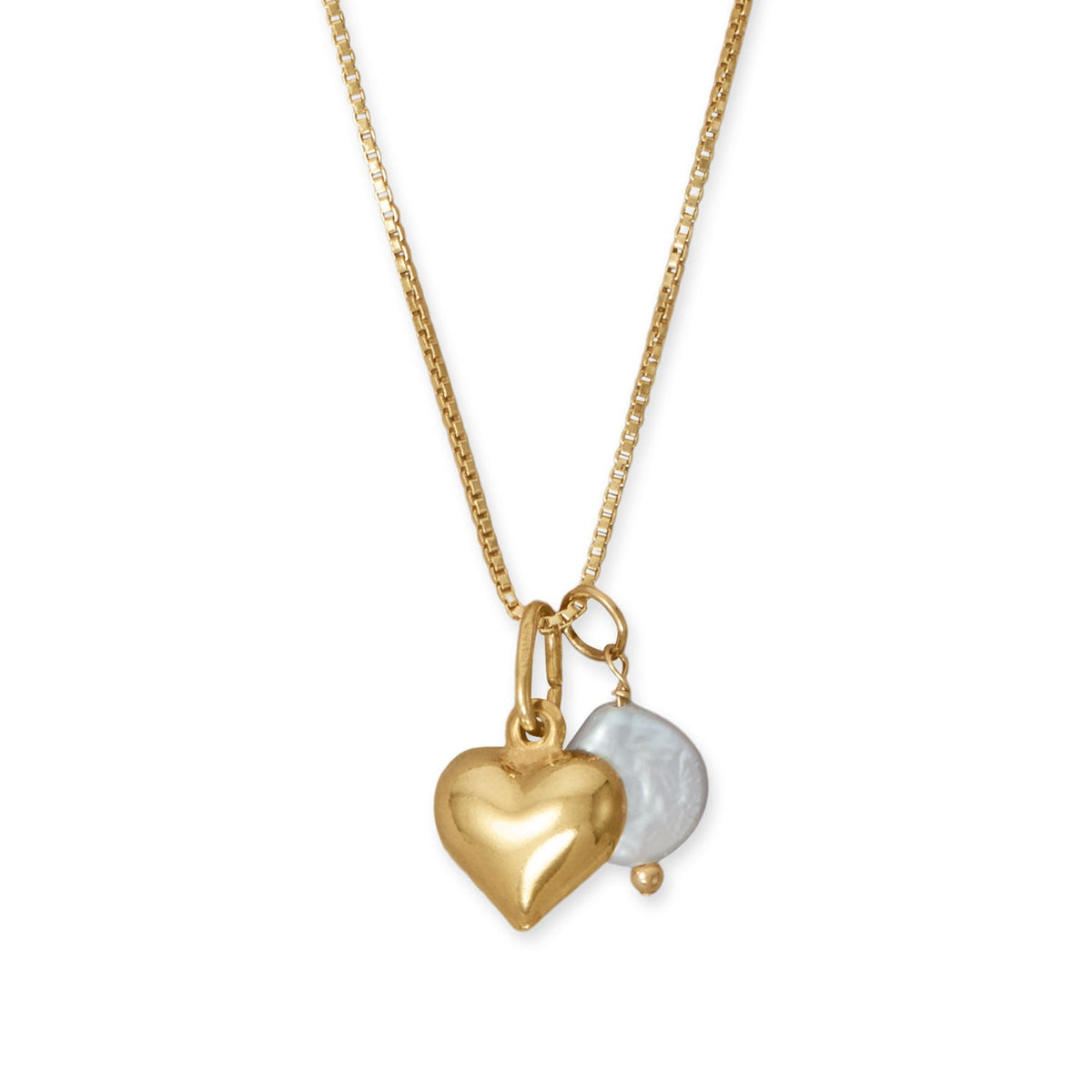 18" 14 Karat Gold Plated Puffy Heart and Cultured Freshwater Coin Pearl Necklace