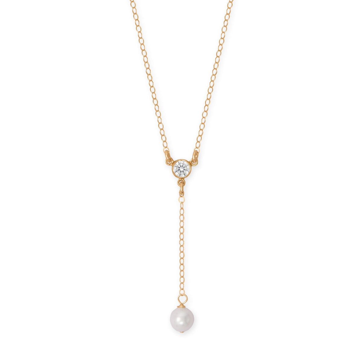 16" + 2" 14/20 Gold Filled CZ and Pearl Y Drop Necklace