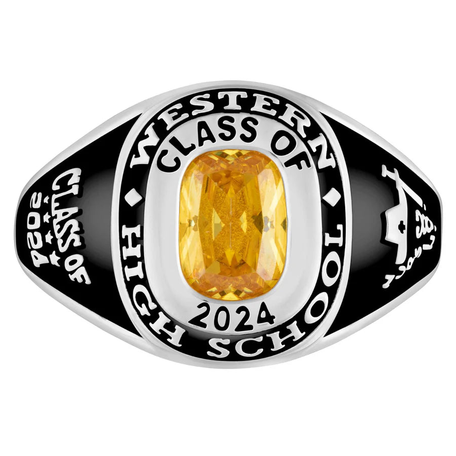 Sterling Silver Ladies Traditional Cushion Birthstone Class Ring