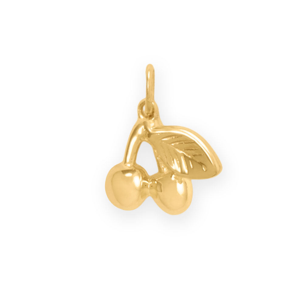 Dainty 14 Karat Gold Plated Two Cherries with Leaf Charm