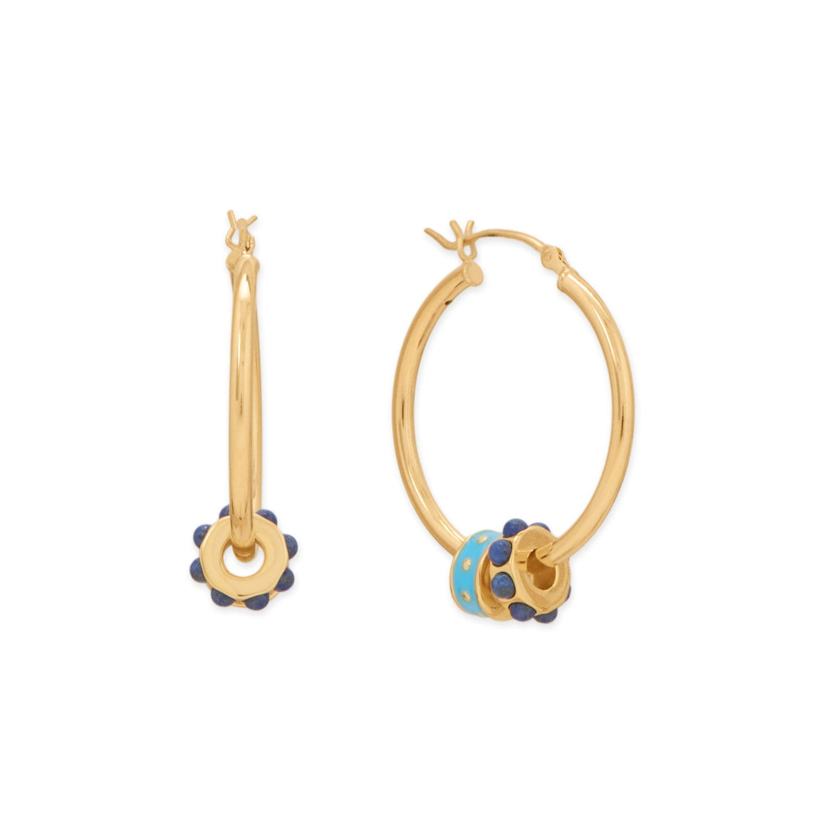 14 Karat Gold Plated Blue Enamel Inlay Dotted Wheel Bead Charm