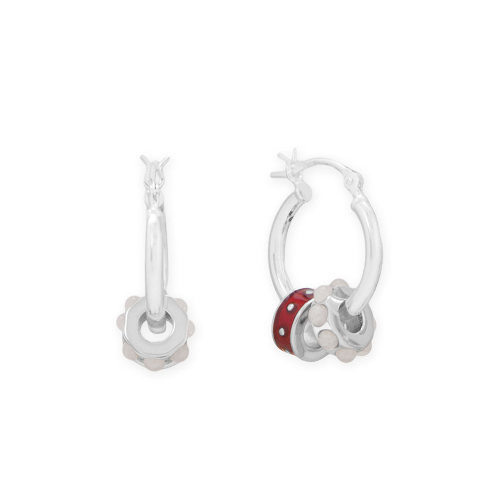 Rhodium Plated Red Enamel Inlay Dotted Wheel Bead Charm