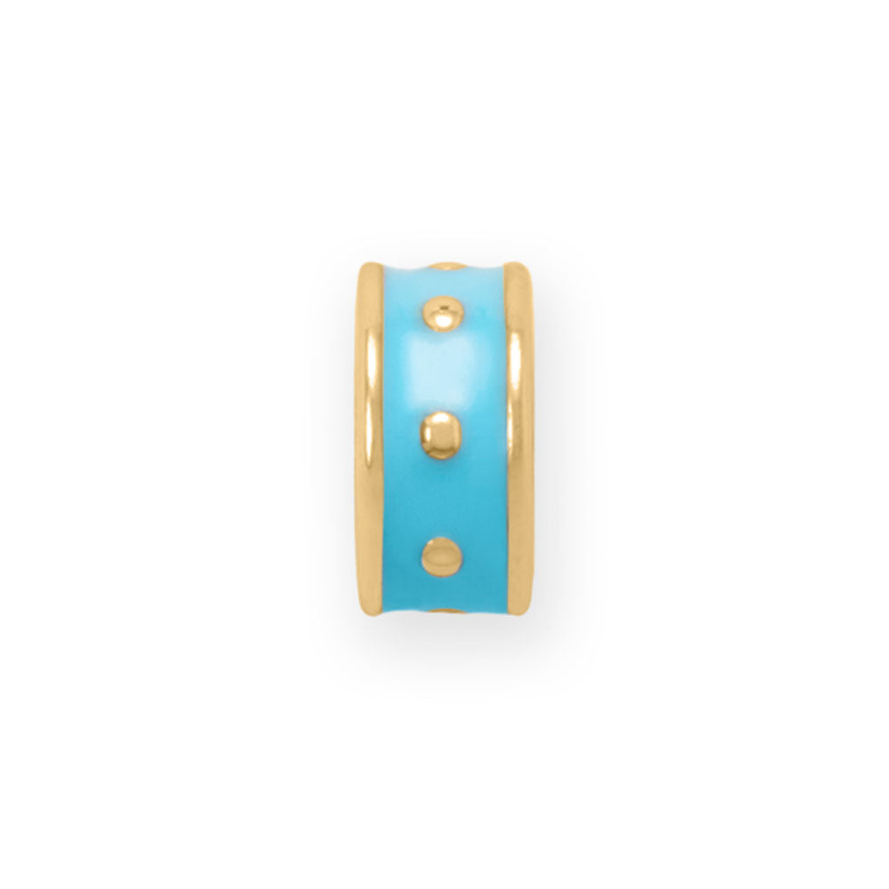 14 Karat Gold Plated Blue Enamel Inlay Dotted Wheel Bead Charm