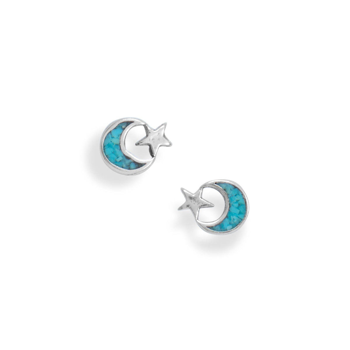 Oxidized Turquoise Chip Moon and Star Earrings