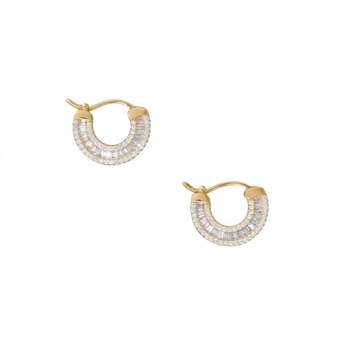 14 Karat Gold Plated Baguette CZ Click Hoop Earrings
