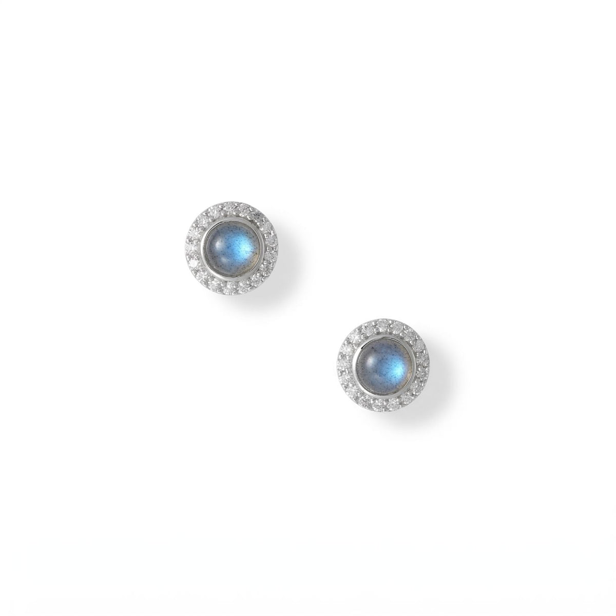 Luxe Labradorite! Rhodium Plated Labradorite and CZ Halo Stud Earrings