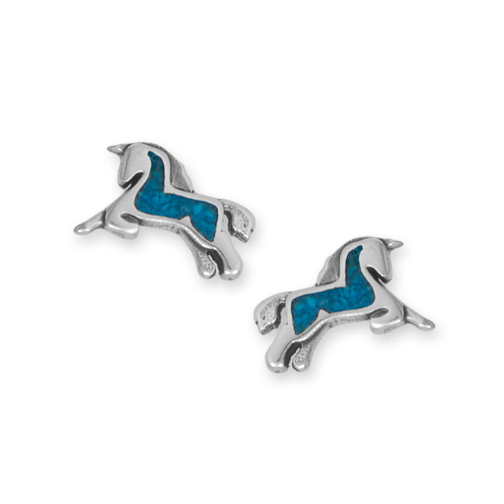 Oxidized Turquoise Chip Inlay Prancing Unicorn Stud Earrings