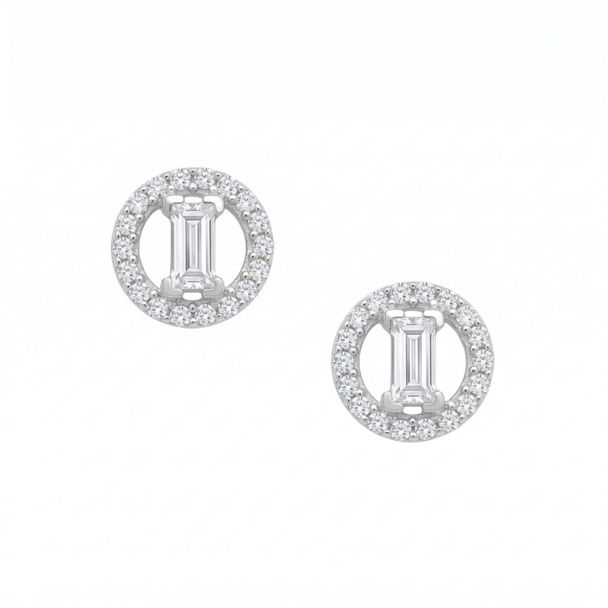 Rhodium Plated Baguette and Halo CZ Stud Earrings