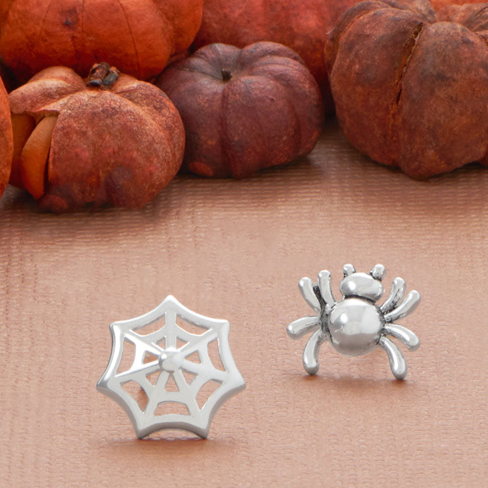 Oxidized Spider and Web Stud Earrings