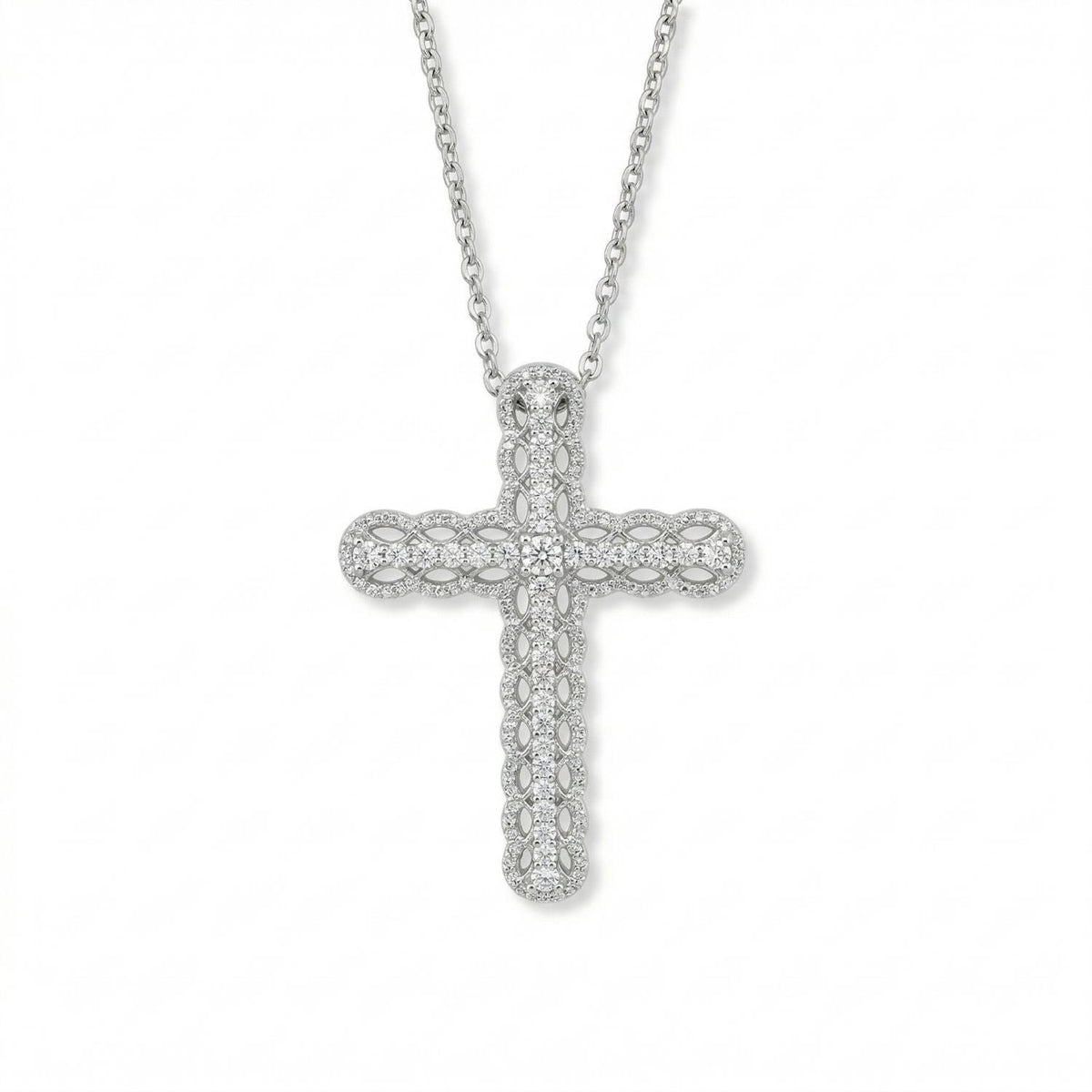 Rhodium Plated Ornate CZ Cross Slide
