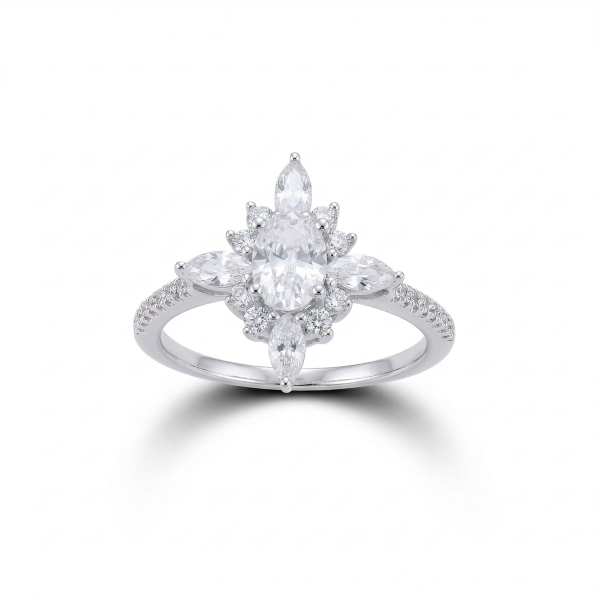 Rhodium Plated Diamond Shaped Multi CZ Ring