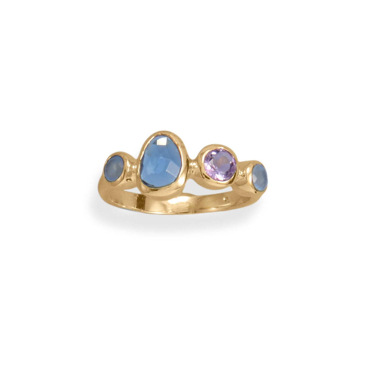 14 Karat Gold Plated Amethyst, Chalcedony and Glass Ring