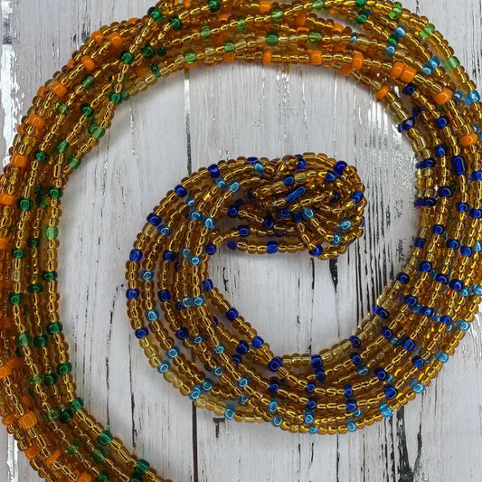 Cuentas con lazo en la cintura doradas, azules, naranjas y verdes