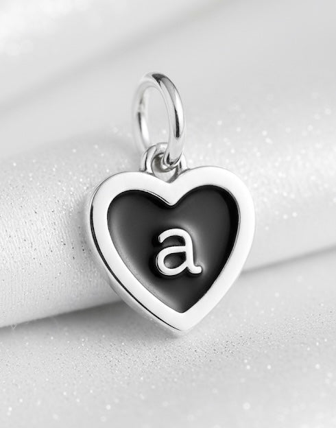Black Enamel Heart Initial Charm