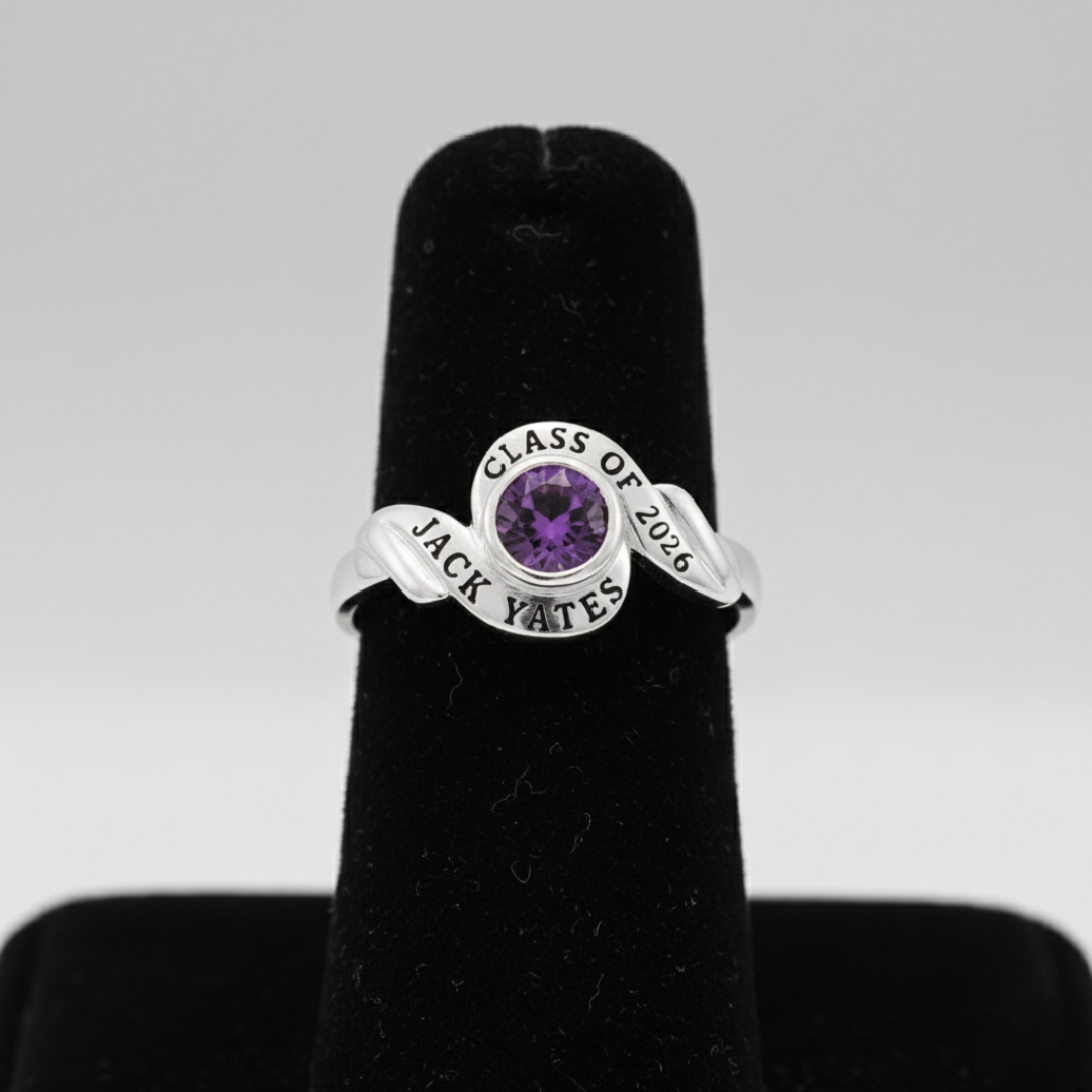 Ladies Sterling Silver Swirl Bypass Round Class Ring