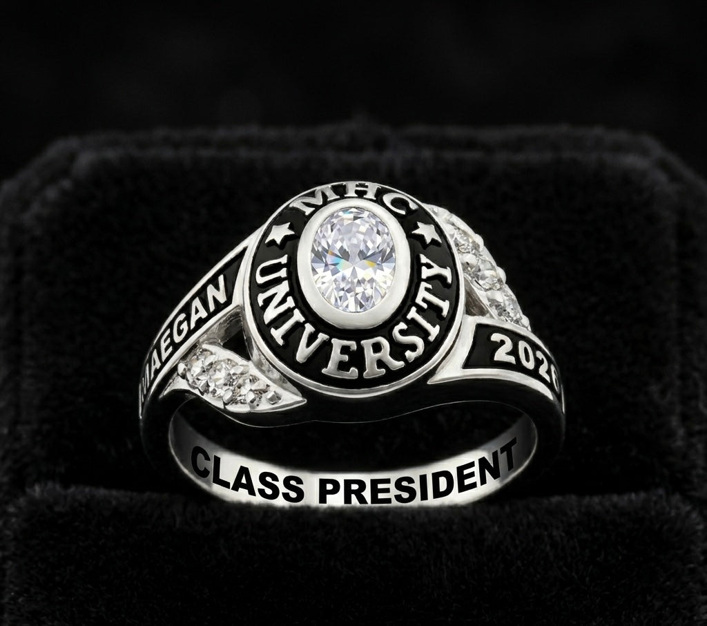 Sterling Silver Ladies Oval Cz Side Class Ring