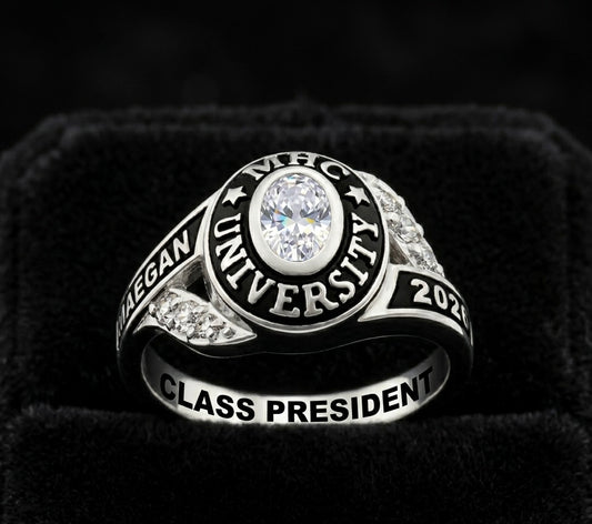 Sterling Silver Ladies Oval Cz Side Class Ring