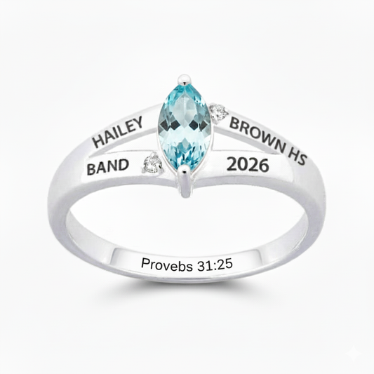 Sterling Silver Marquise Birthstone & CZ Class Ring