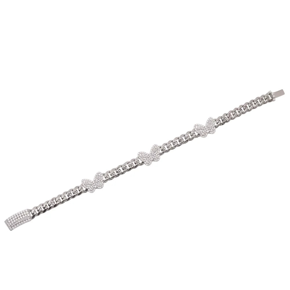 Sterling Silver Moissanite Multi-Butterfly Cuban Link Bracelet