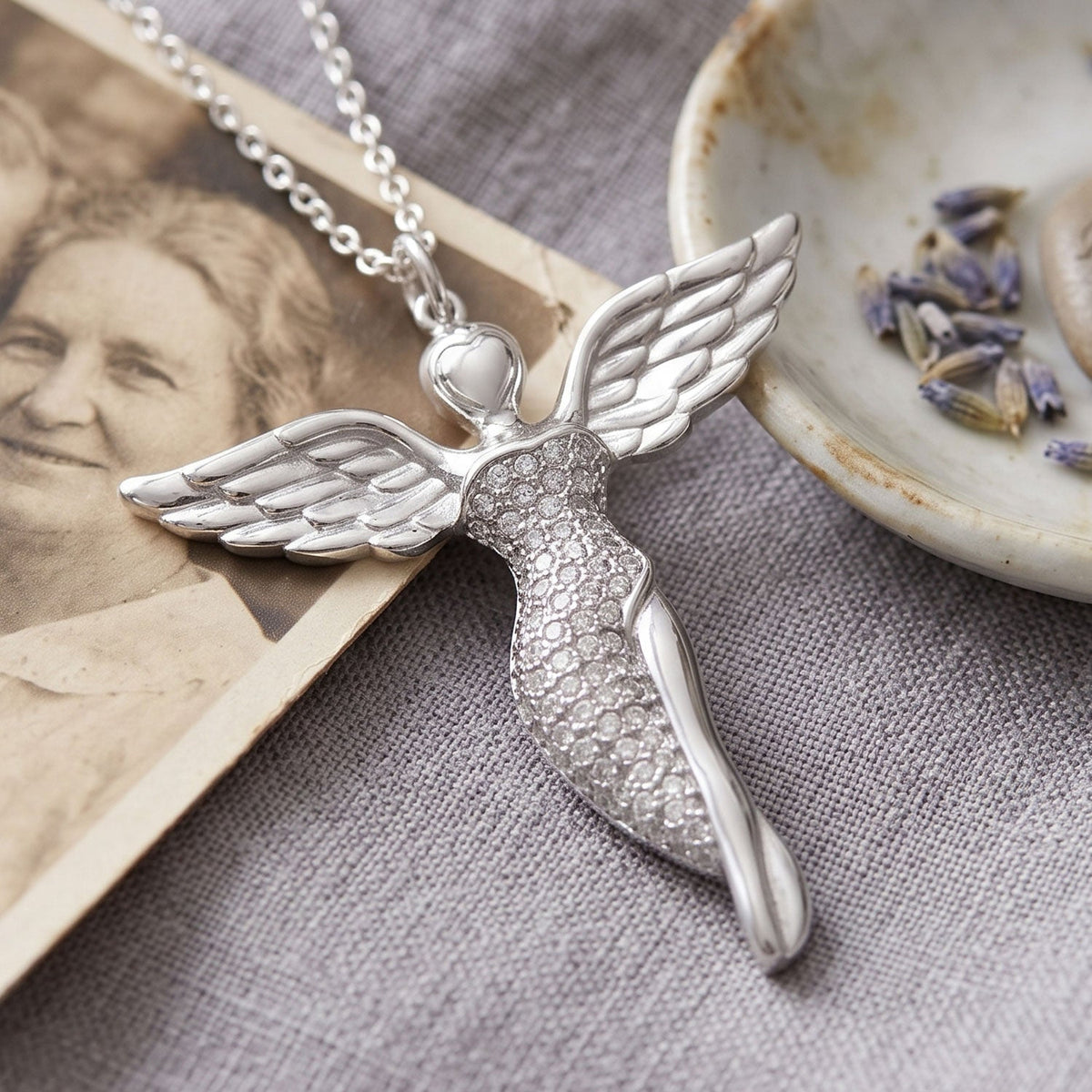 Rhodium Plated Swarovski Crystal Angel Pendant