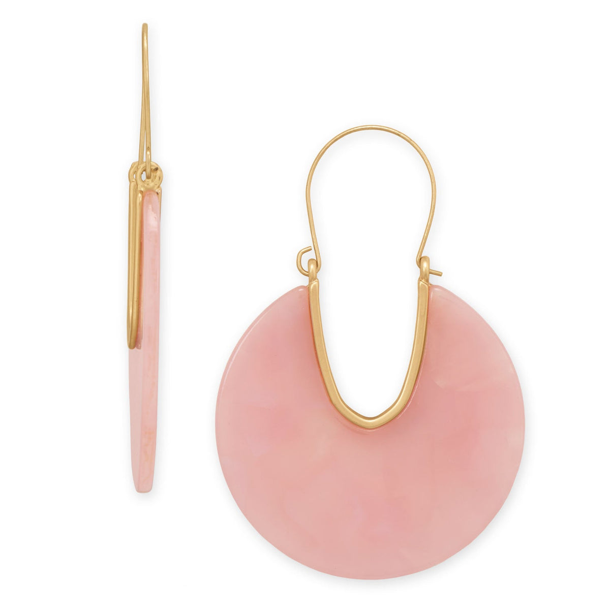 Matte Gold Tone Round Pink Acrylic Wire Drop Fashion Earrings