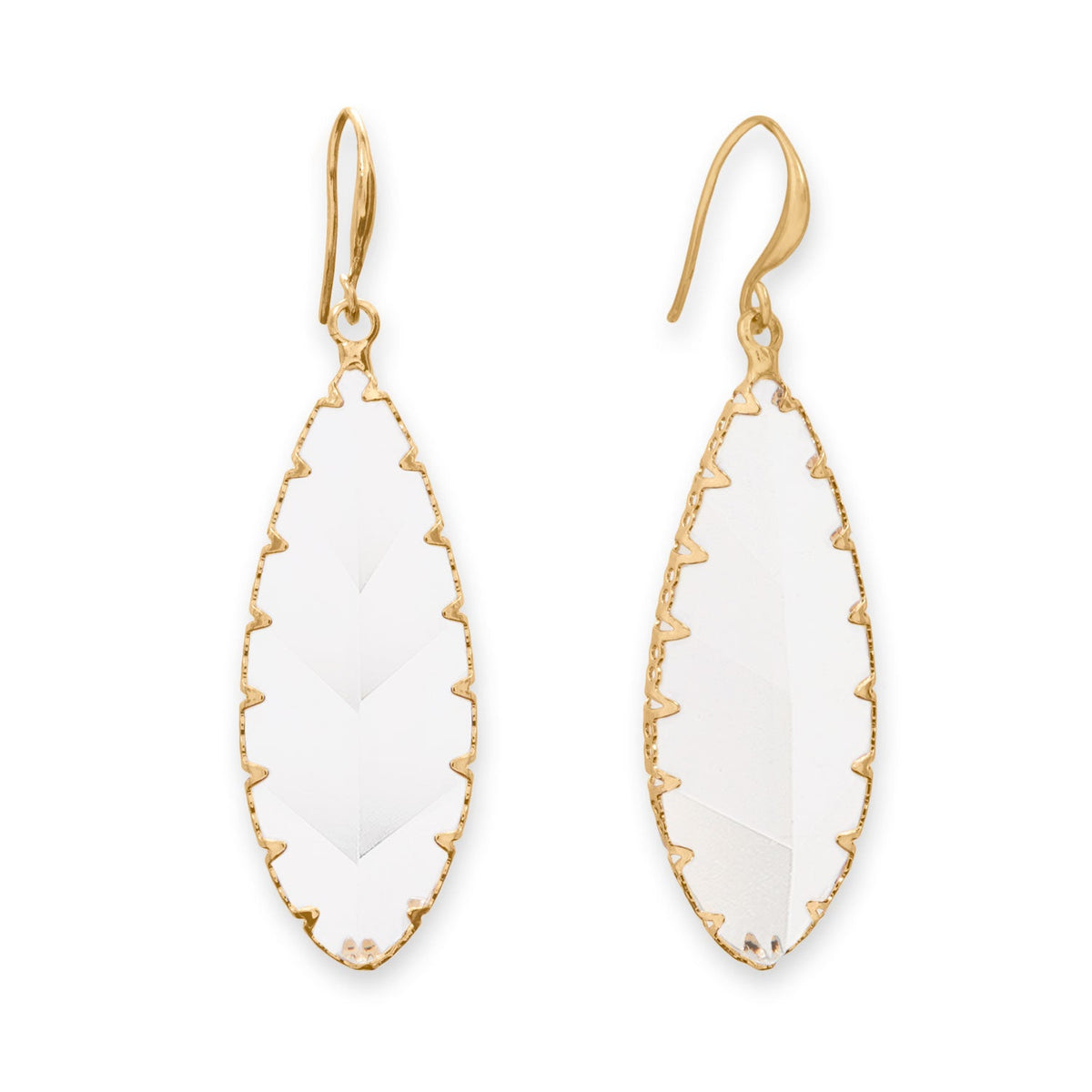 Gold Tone Etched Leaf Glass French Wire Fashion Earrings