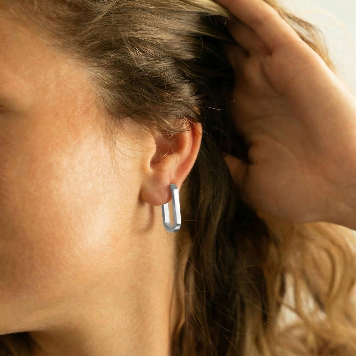 Stainless Steel Oval Square Tube Hoop Earrings