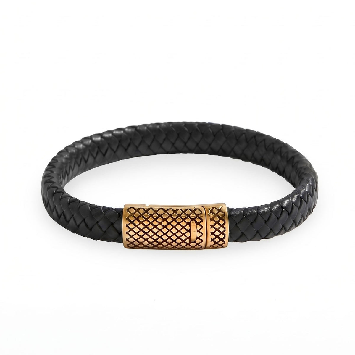 18 Karat Gold PVD Stainless Steel and Braided Leather Magnetic Clasp Men's Bracelet