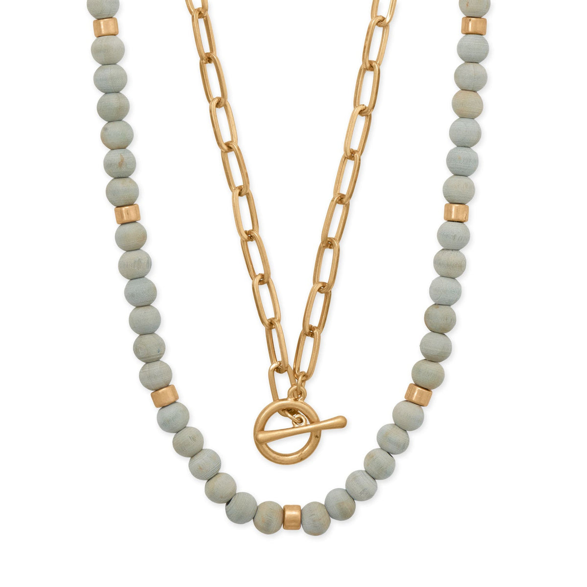 15" + 3" / 17" Wood Bead and Paperclip Style Toggle Fashion Necklace Set