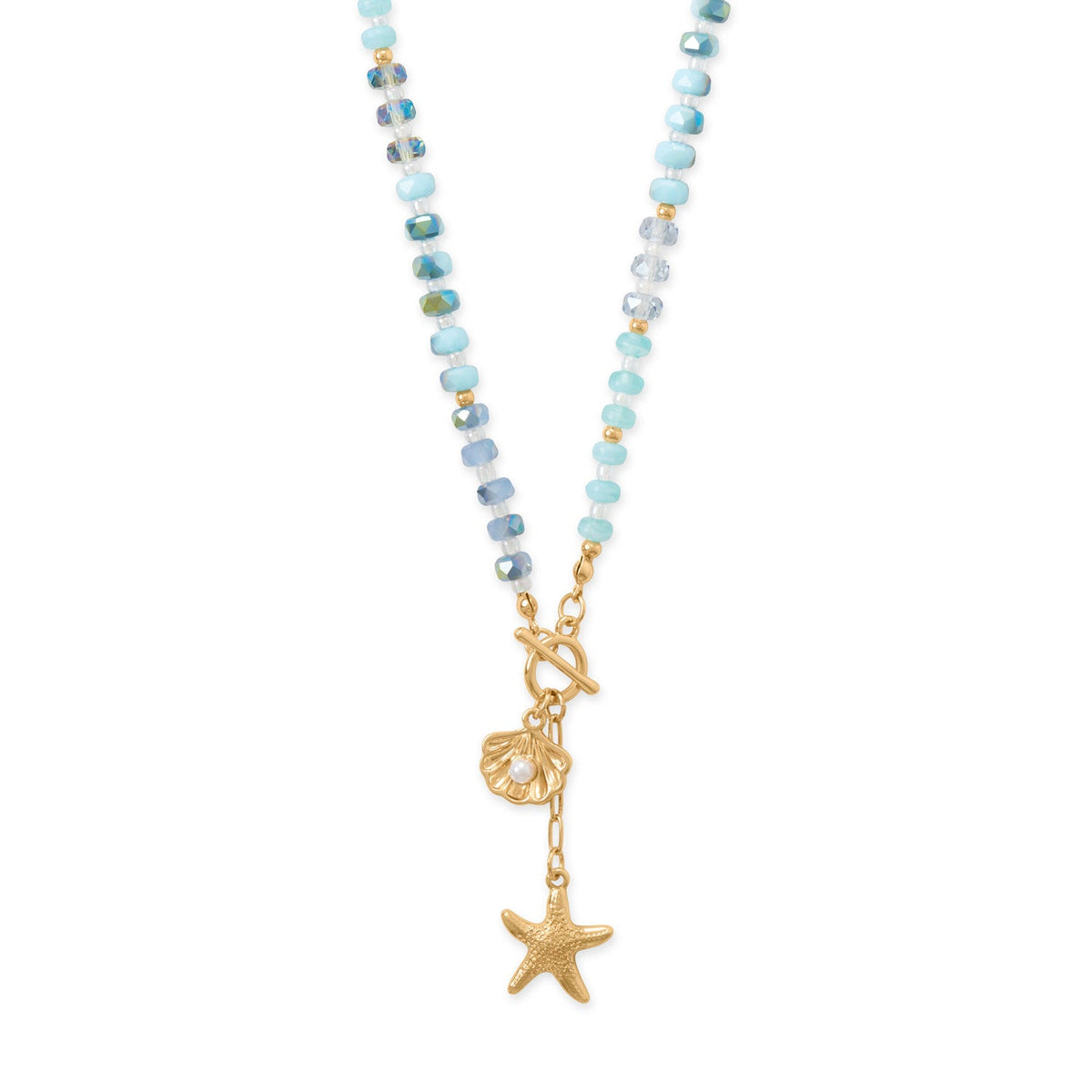 16" Gold Tone Seashell and Starfish Drop Fashion Toggle Necklace