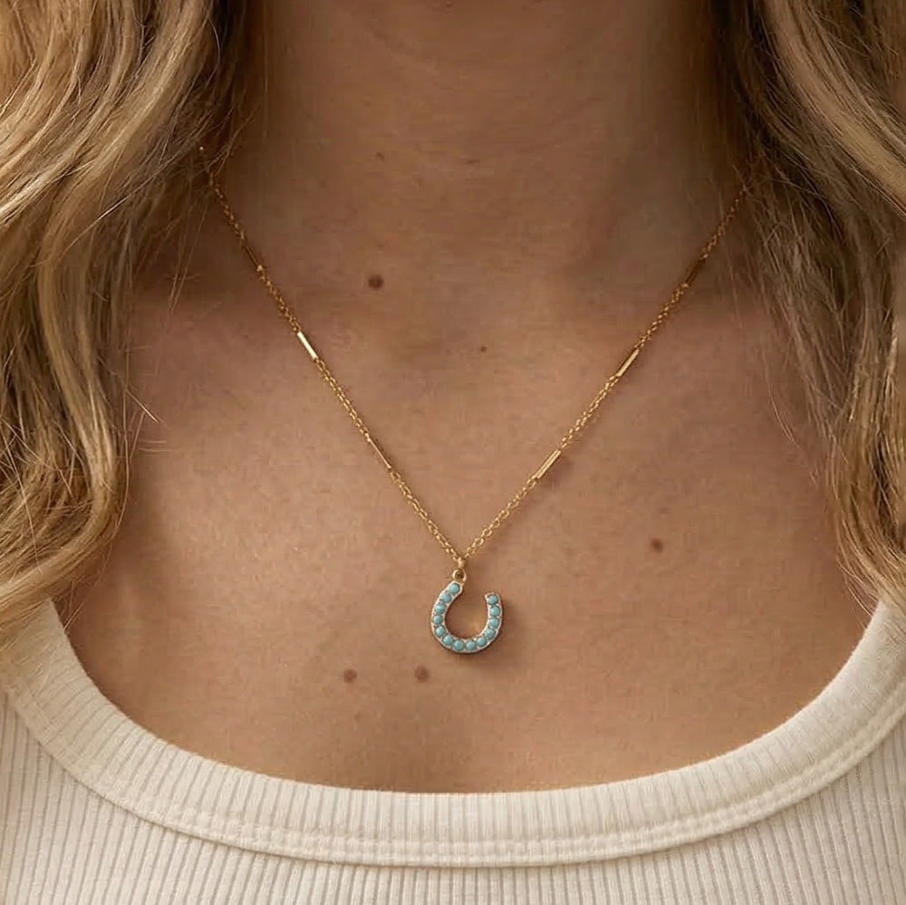 18 Karat Gold PVD Stainless Steel Synthetic Turquoise Horseshoe Charm