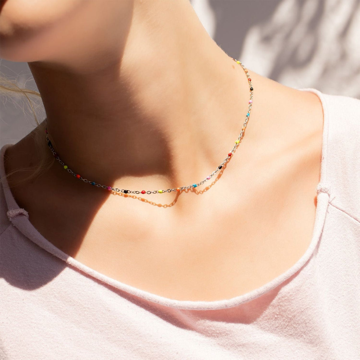 16" + 2" Stainless Steel Multicolor Confetti Satellite Necklace