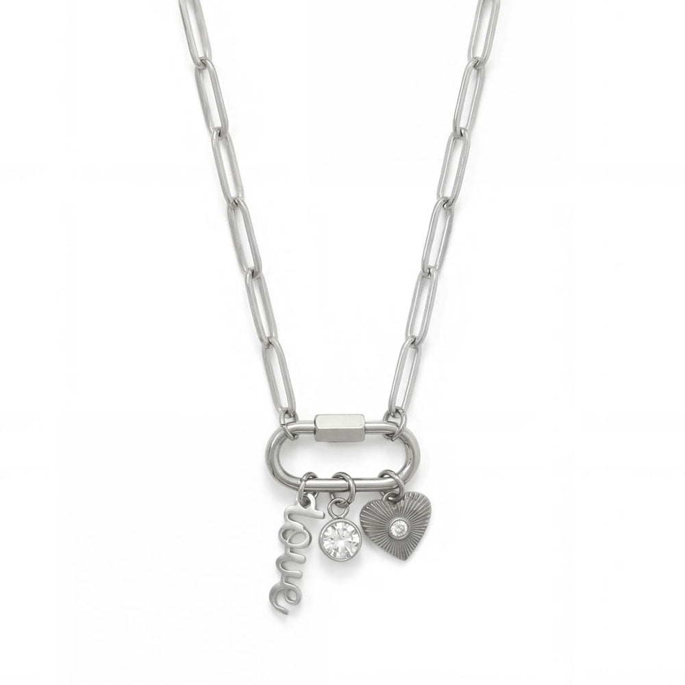18" + 2" Stainless Steel Carabiner Love Charm Necklace