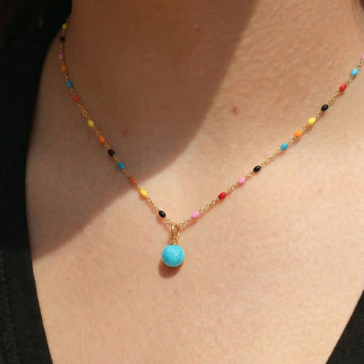 18 Karat Gold PVD Stainless Steel Round Reconstituted Turquoise Charm