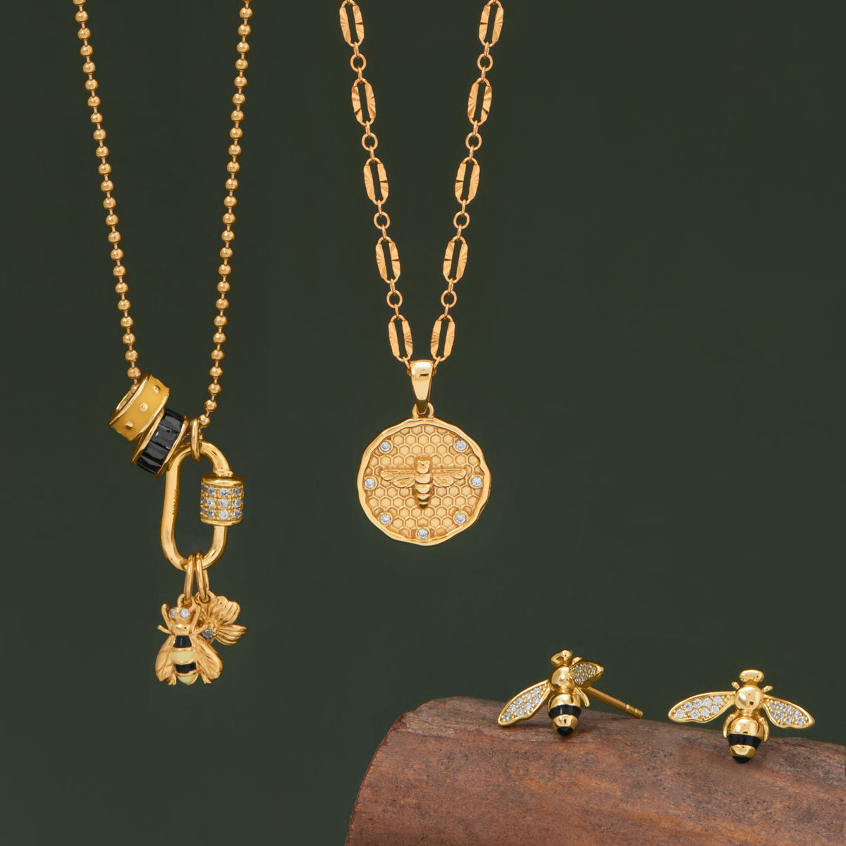 14 Karat Gold Plated Honeycomb, Bee and CZ Pendant