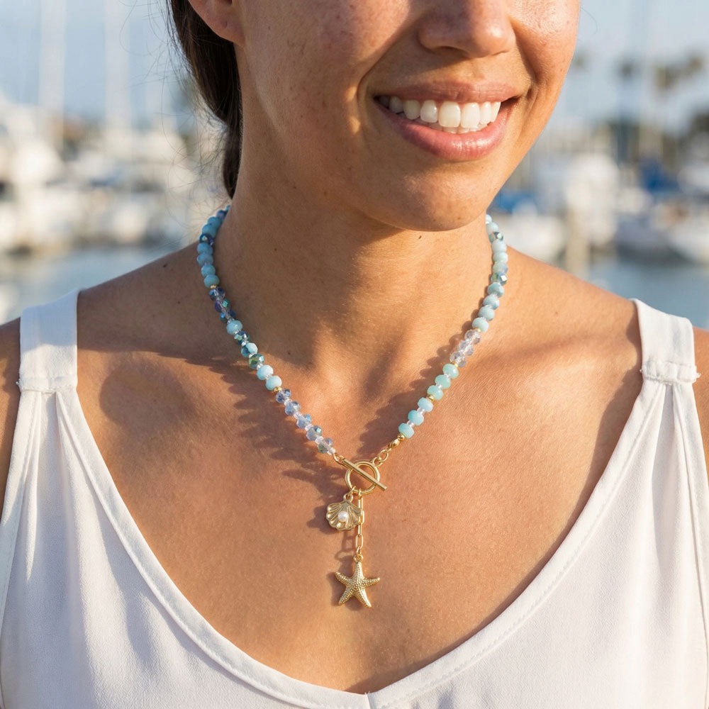 16" Gold Tone Seashell and Starfish Drop Fashion Toggle Necklace