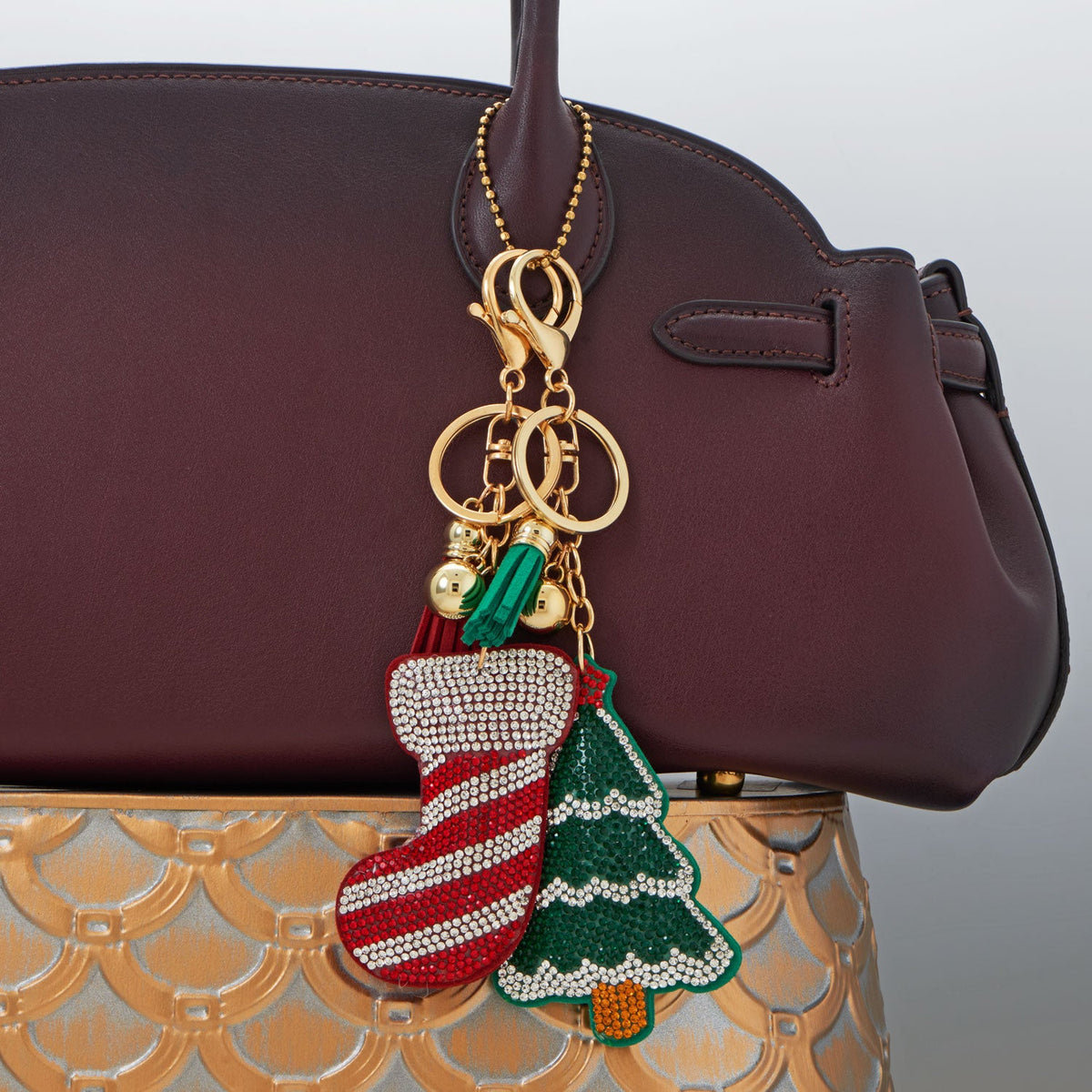 Gold Tone Green Crystal Christmas Tree Bag Charm