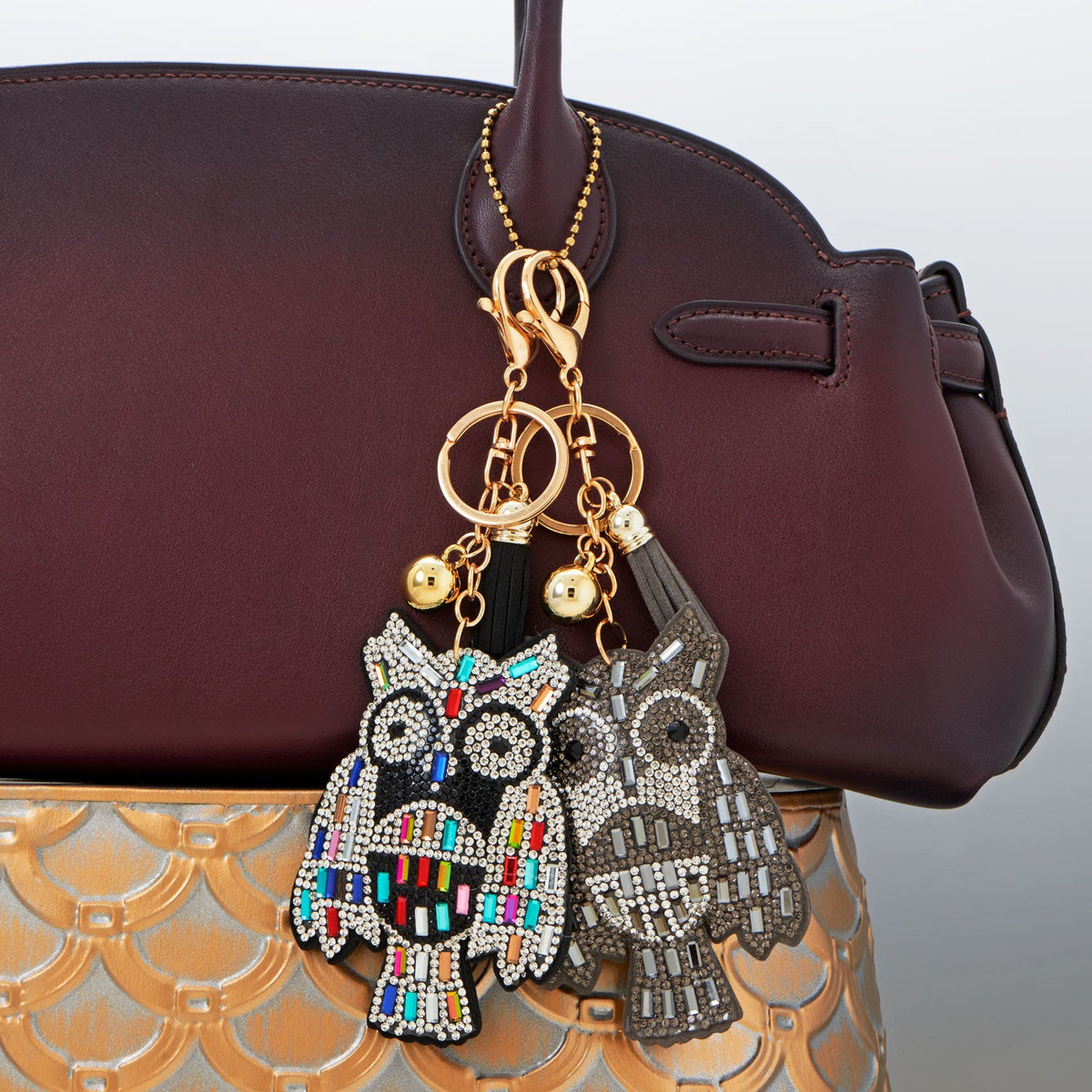 Gold Tone Grey Crystal Owl Bag Charm