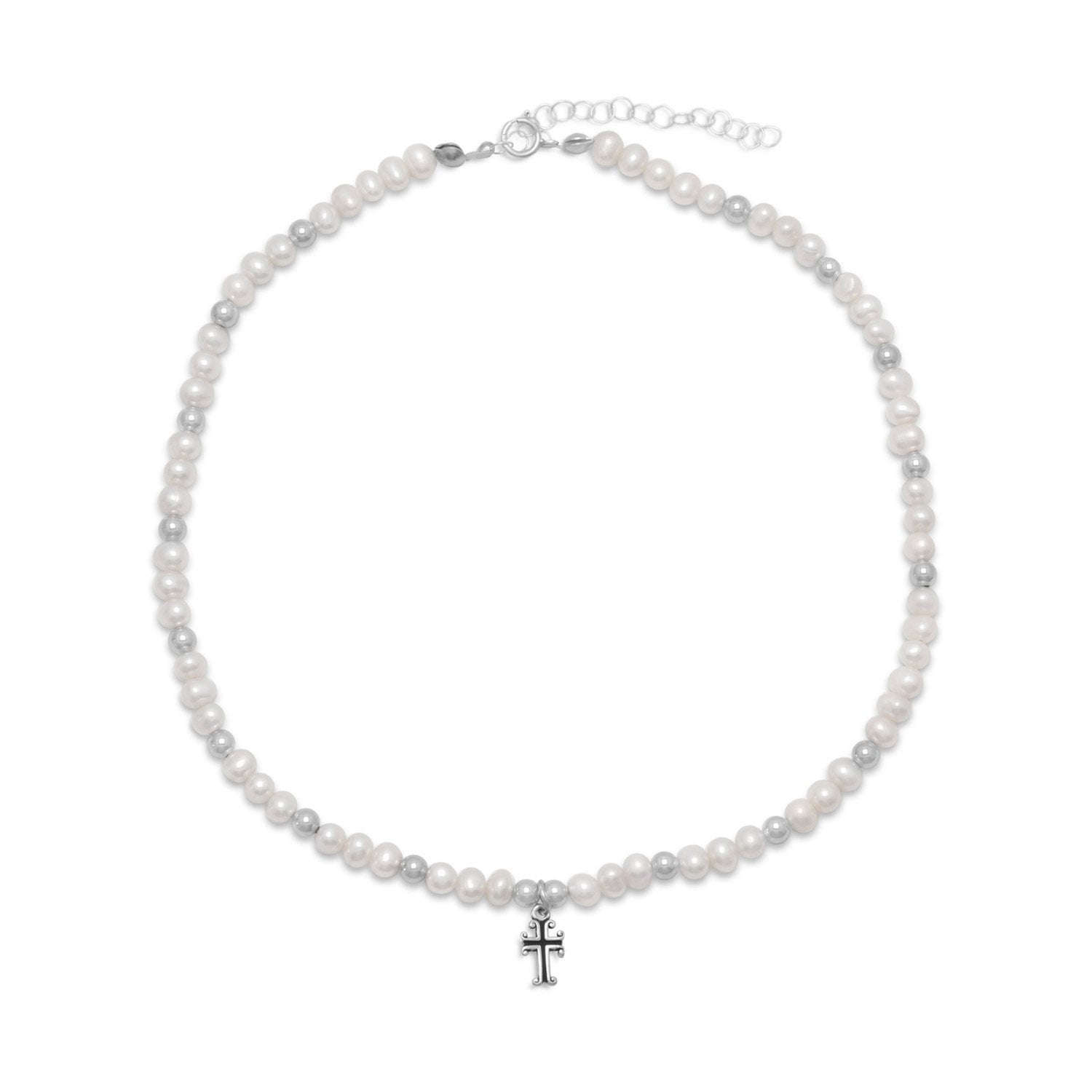 13" +2" Extension White Cultured Freshwater Pearl and Silver Bead Necklace with Cross Drop