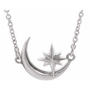 Platinum Crescent Moon & Star 16-18" Necklace