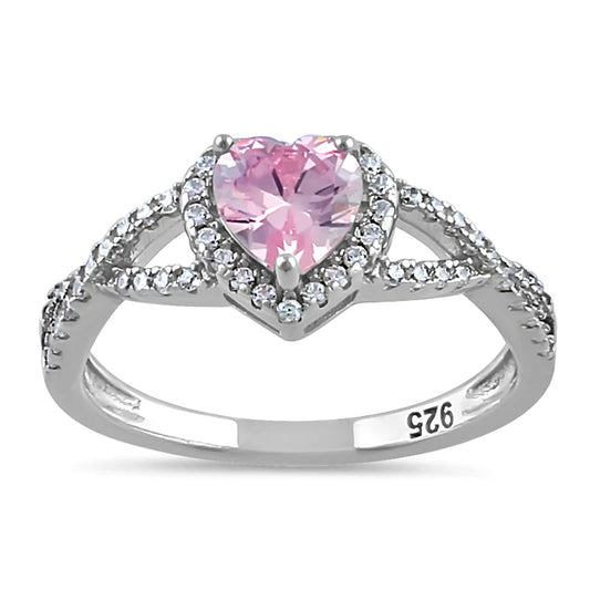 Anillo de plata de ley con halo de corazón y circonita rosa torcida 