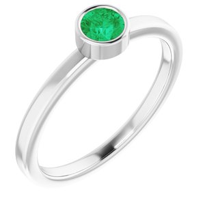 Rhodium-Plated Sterling Silver 4 mm Round Imitation Emerald Ring