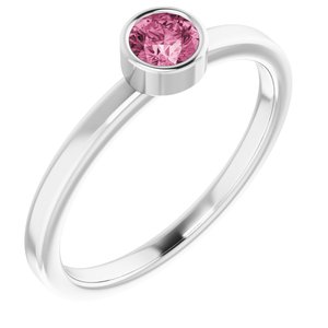 Rhodium-Plated Sterling Silver 4 mm Round Imitation Pink Tourmaline Ring